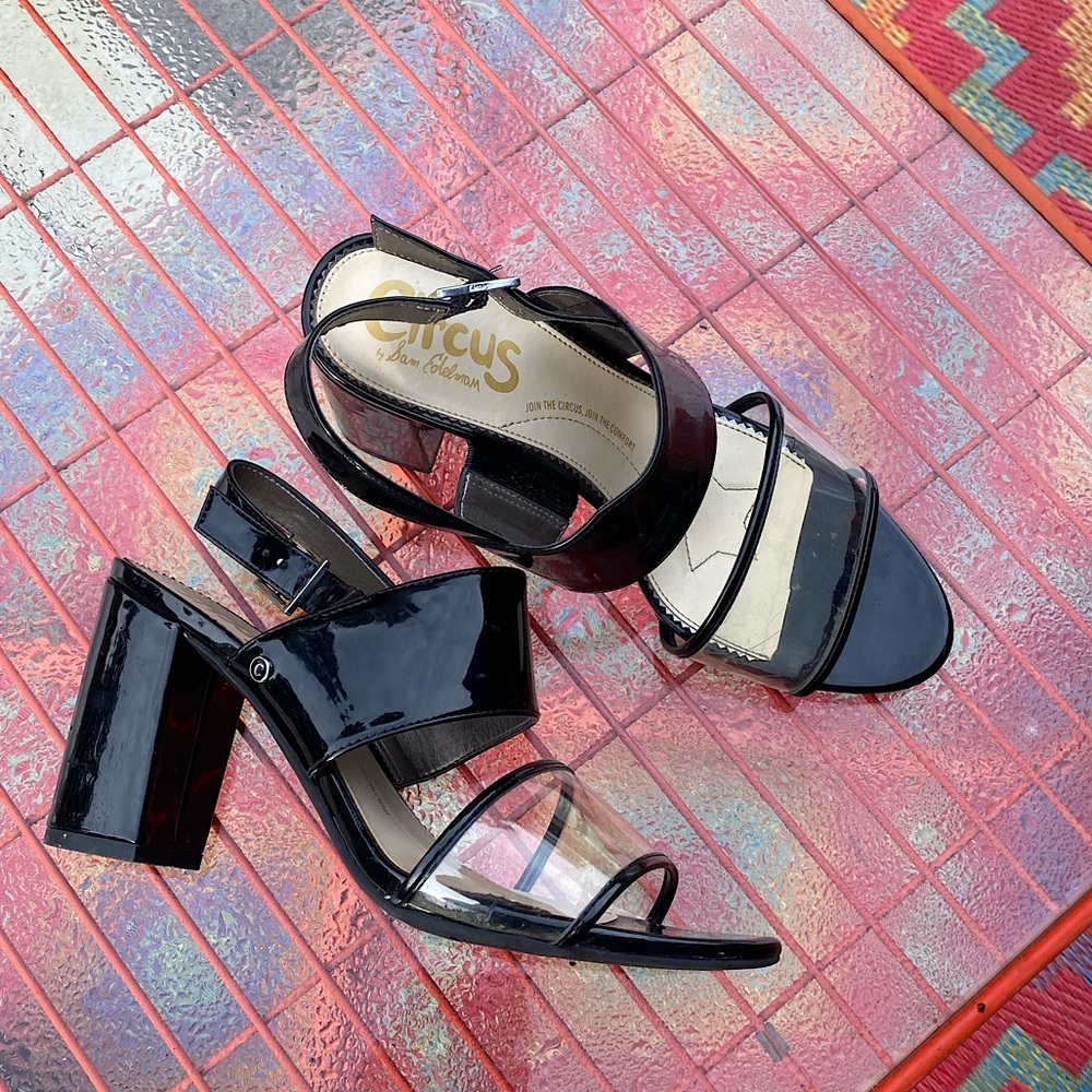 Circus by Sam Edelman black patent leather and clear stripe mule heels size 8